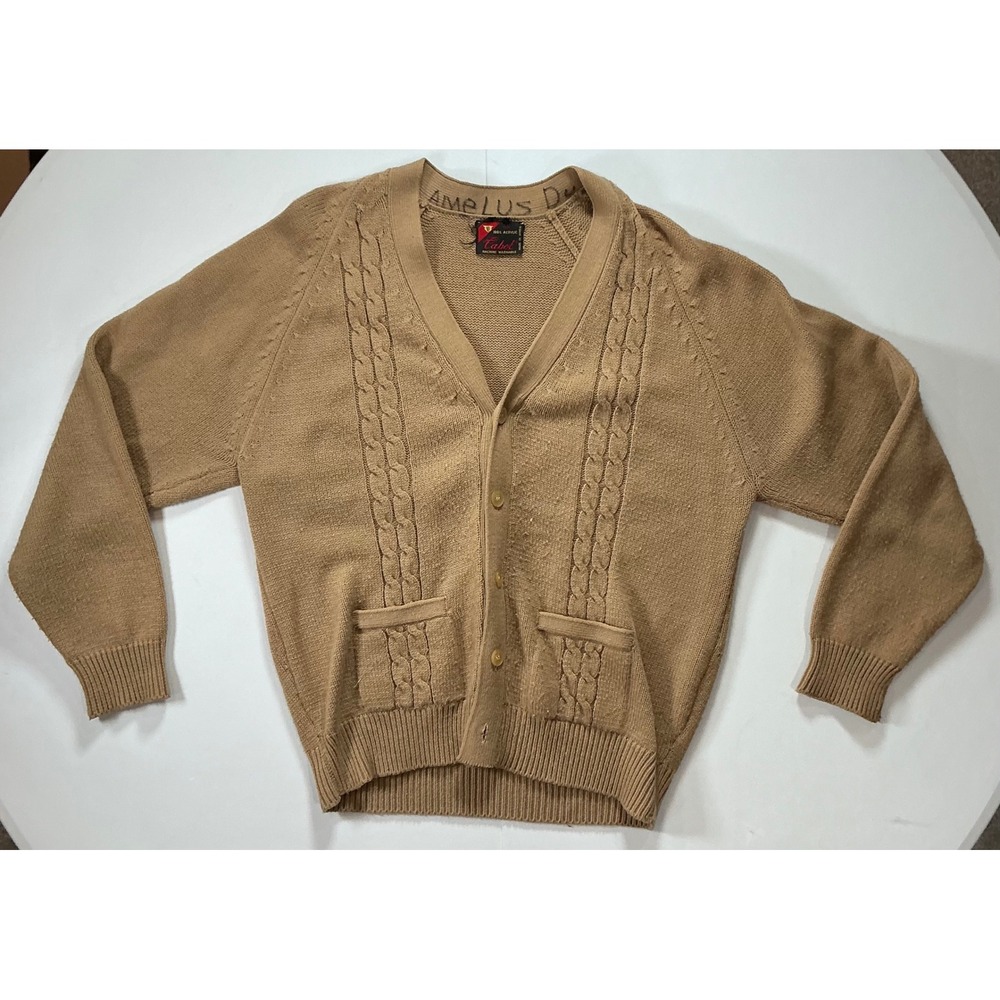 VTG Cabot Cardigan Sweater Tan Cable Knit Grandpa Academic Professor Mens L